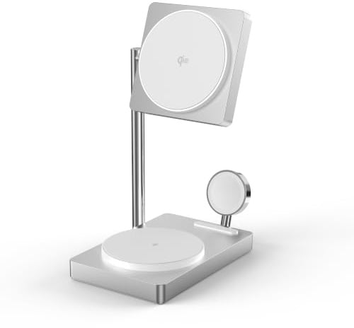 XtremeMac X-Station Pro Qi2 kabellose Ladestation, 3-in-1, 15 W, faltbar, USB-C kompatibel mit iPhone MagSafe Apple Watch AirPods Schnellladung, Induktion, Aluminium – Grau