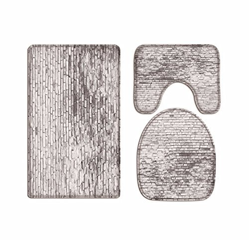 A.Monamour Badezimmer Badematte 3 Teilig Set Set Abgenutzte Befleckte Weiße Backsteinmauer Toilettendeckel Abdeckt Badmatte Teppich Flanell Saugfähig Badteppiche Badvorleger Badgarnitur WC Vorleger