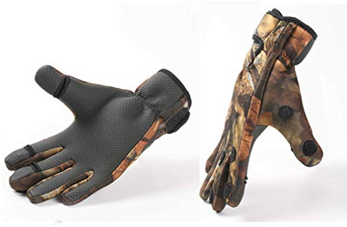 Fauhsto Men's Fishing Handschuhe,Outdoor Neoprene Angling Glove,3 Cut Finger Anti-Slip Breathable Fishing Hunting Jungle Camouflage Camo Fishing Gloves