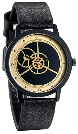 JewelryWe Herrenuhr Analog Quarz wasserdichte Armbanduhr Schwarz Leder Armband Männer Lässige Uhr mit Gold Zahnrad Design Zifferblatt