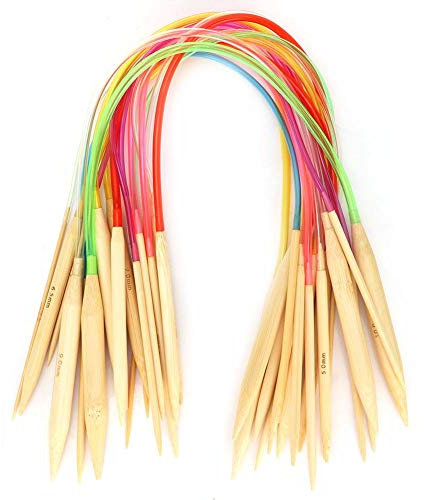 Hilitand 18er Bambus Stricknadel Set Farbe Doppelspitz Bambus Rundstricknadel mit durchsichtigem Schlauch zum Stricken(60cm/23.6in)