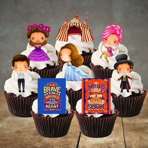 The Greatest Show Inspired Cake Toppers – Circus Carnival Party Decorations – Vintage Showman Theme – Edible Wafer Card – 5cm/2 Inch PRECUT (Pack of 24)