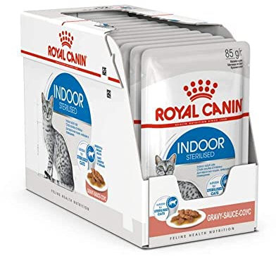 Royal Canin Indoor Sterilised in Soße | 12 x 85 g | Alleinfuttermittel für ausgewachsene Katzen die im Haus Leben | Für sterilisierte Katzen | Häppchen in Soße