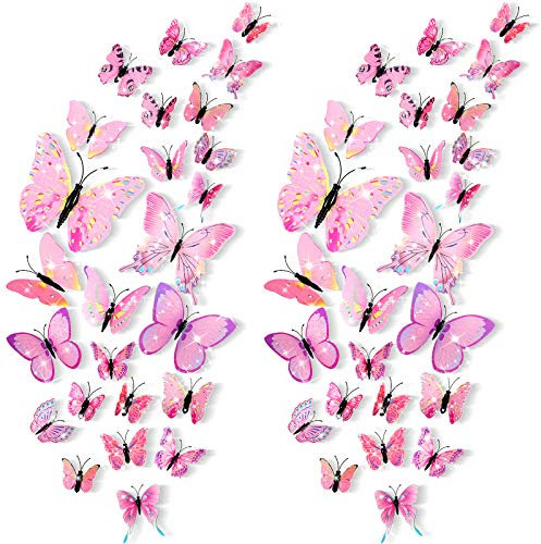 48 Stück 3D Schmetterling Wandaufkleber Abnehmbare Schmetterling Wandtattoos Bling Lebhafter Schmetterling Wandgemälde für DIY Party Büro Zuhause und Raum Dekoration (Rosa)