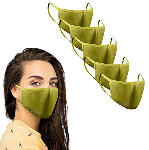 KUNSTIFY 5 Stück Stoffmaske Khaki waschbar bügelbar farbig Mund und Nasenschutz Behelfsmasken wiederverwendbar Baumwolle Damen Herren MNS Schutz Staub resistent gegen Speichel Staubschutzmaske
