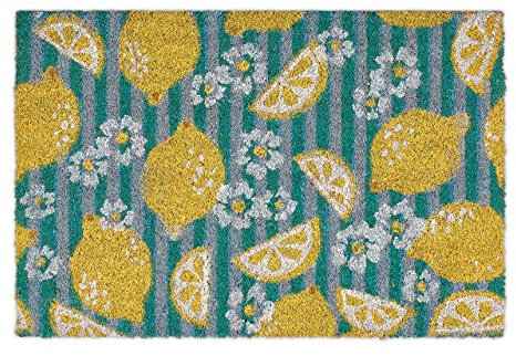 Relaxdays Fußmatte Kokos, mit Zitronen-Motiv, Türvorleger innen & außen, Kokosmatte 40 x 60 cm, bunter Fußabtreter, gelb
