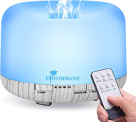 Diffuserlove 500ML Essential Oil Diffuser With Remote Control - Ultrasonic Air Scented Aroma Humidifier With 7 Color LED Lights for Office, Home, Bedroom, Living Room