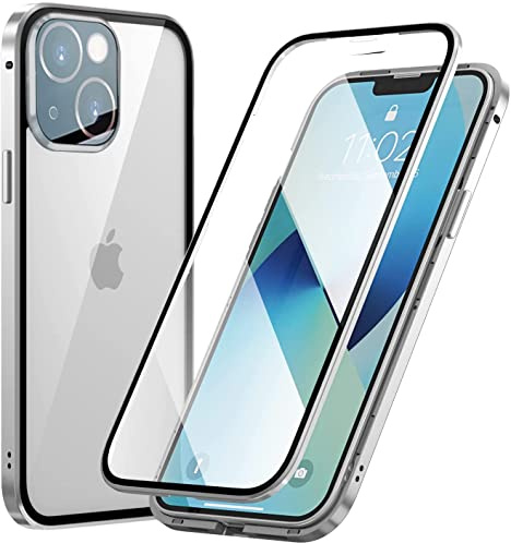 LIUKM Cover per iPhone 13 Adsorbimento Magnetico Custodia 360 Gradi Protezione Cornice Metallica Doppi Lati Trasparente Vetro Temperato Custodia - D'argento
