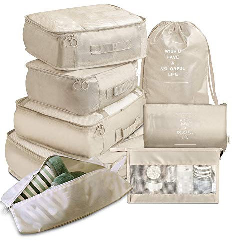 Travel Packing Cubes, Toifucos Multifunction 8pcs/set Luggage Organiser Compression Suitcase Essential Bag, Beige