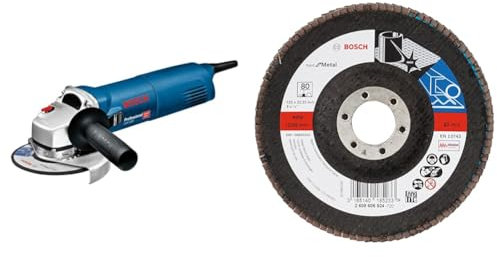 Bosch Professional GWS 1400 - Amoladora angular (1400 W, 11000 rpm, Ø 125 mm, electrónica constante, en caja) + Bosch 2 608 606 924 - Disco de láminas (125 mm, 22,23 mm, 80)
