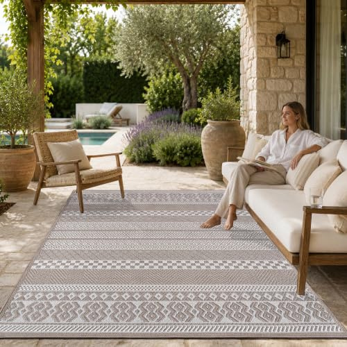 Paco Home Outdoor Teppich, Wetterfest, UV-beständig & Pflegeleicht, Flachgewebe Modern Boho-Style. Ideal für Terrasse Balkon Wohnzimmer & Küche, Grösse:133x190 cm, Farbe:Beige