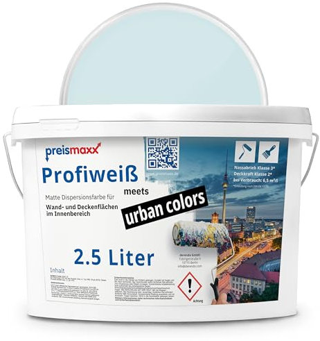 Preismaxx Profiweiß Wandfarbe blau 2,5L, hohe Deckkraft, Dispersionsfarbe innen, Innenwandfarbe Raumfarbe himmelsblau deckend, Deckkraftklasse 2, matt Innenfarbe Profi Qualität