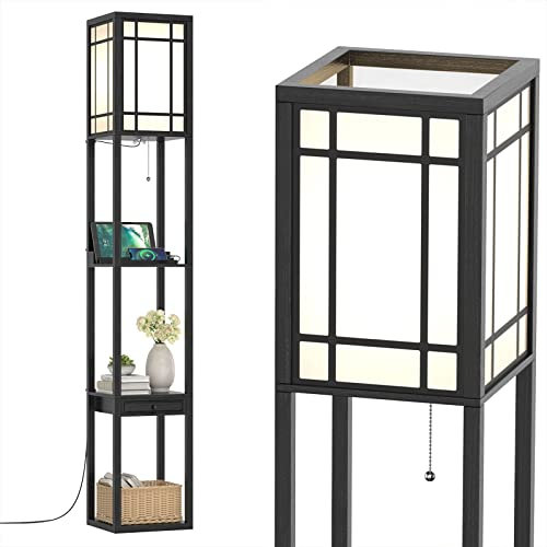 RELAX4LIFE Lampadaire Étagère 160 CM, Lampadaire Salon sur Pied Moderne, Abat-jour en Tissu, Ampoule E27, Lampe sur Pied pour Salon Chambre Bureau (Style 3)