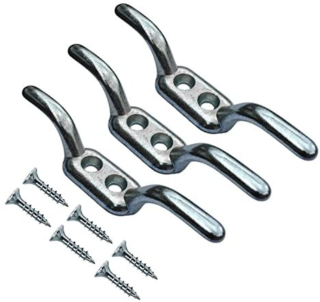 TERF® Heavy Duty Rope Cord Cleat Hooks 110mm [4.33''] Silver Washing Line Blind Curtain Ship Flagpole Cord Rope Cleat Hooks With Fixing Screw and Multi Purpose Use - Pack of 3