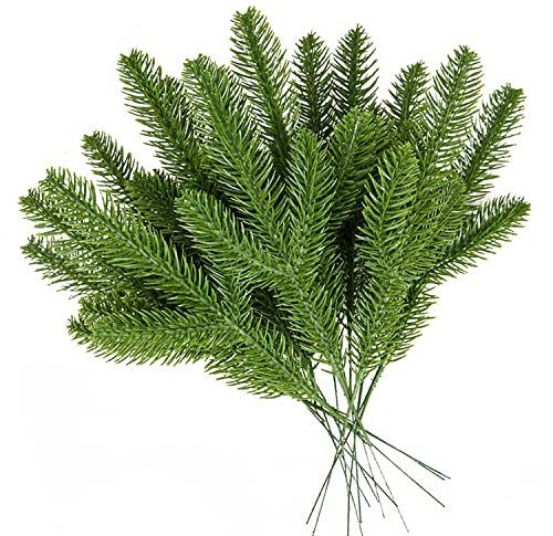 WACH AUF 32 Pièces Branche Sapin Artificiel Plastique Plantes Verte Branche Sapin Faux Branches Pin Noël Décoration Plante Artificiels pour Sapin Noël Accessoires Jardin Décoration