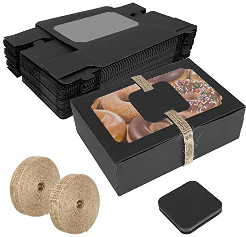 GOYADA 24 Pack Cookie Boxes with Window, 22x15x7cm Black Brownie Boxes with Window, Cards and Twine, Empty Sweet Boxes Bakery Boxes for Packaging Chocolate Strawberries, Donuts, Cookies, Muffins