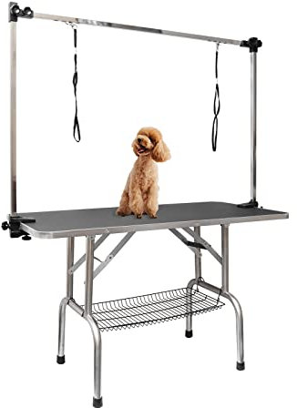ROOMTEC 91,4 cm Fellpflegetisch für Hunde, zusammenklappbar, mit höhenverstellbarem Arm/Schlingen/Netz-Tablett