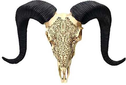 Pacific Giftware Wandrelief Widderschädel mit Verzierungen | Western Deko Totenkopf Wand Trophäe Stier Bulle Longhorn Geweih Hörner Kopf