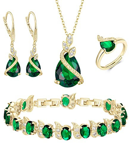 Clearine Teardrop Zirkonia Schmuck-Set für Outfit Halskette, Leverback Ohrringe Tennis Armband und einstellbare Ring Set Geschenk für Geburtstag/Valentinstag/Weihnachten Smaragdfarben Gold-Ton