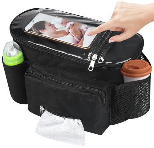 Upgraded Pram Organiser with Touch Screen Phone Pocket Buggy Bag Universal Mummy Baby Pram Bags Cup Holders Shoulder Strap Waterproof Pushchair Bag Handbag Backbag Pram Accessories