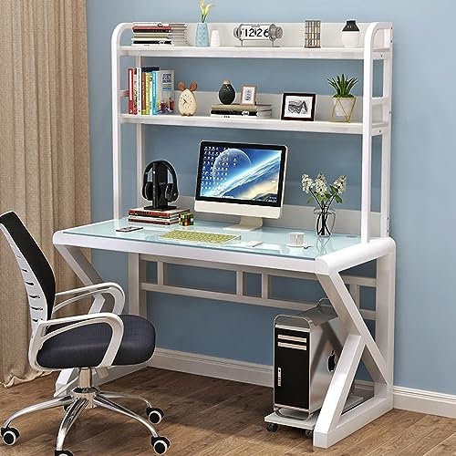 EnixWh Computertisch aus gehärtetem Glas mit Ablageflächen, Bücherregal, moderner Home-Office-Schreibtisch, Computertisch, Lernschreibtisch, Arbeitsplatz (47 Zoll, weiß)