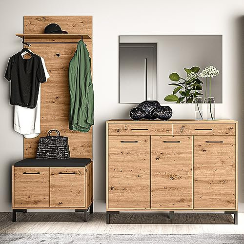 Lomadox Gardeoben-Set 4-teilig mit Bank und Garderobenpaneel | Moderne Flurgarderobe in Artisan Eiche Nb.