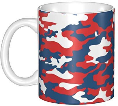 RFSHOP Tasse à café en céramique, motif camouflage rouge, blanc, bleu, tasse à thé amusante en céramique pour la maison et le bureau – 330 ml