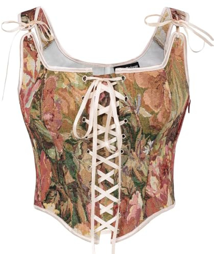 Scarlet Darkness Bustier da donna, corsetto modellante, con chiusura lampo, motivo floreale, rinascimentale
