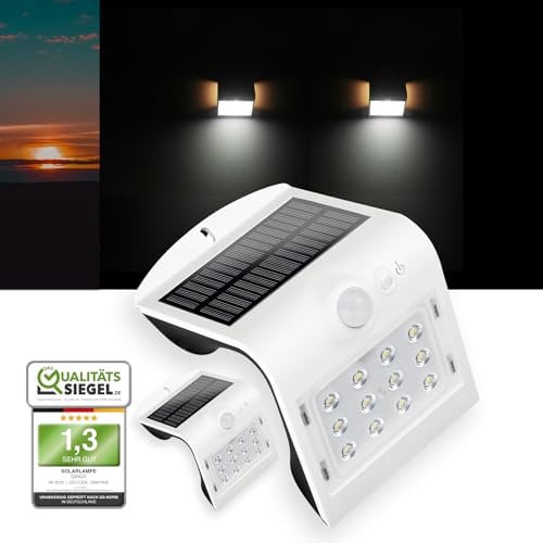 GINUX® 2 x 15W Solarlampen für außen mit Bewegungsmelder (Schmetterling) | Mit 12 Superhellen LED Solarleuchten | Solar Lampe Outdoor für Wand und Garten mit 3 Modi (15W-W)