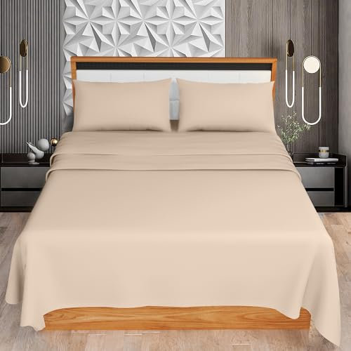KOHSAR Latte King 4-Piece Sheet Set - Flat + Fitted Sheet + 2 Pillowcases - Kingsize Easy Iron Set - Poly Cotton
