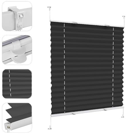 Plissee Haftfix, ohne Bohren, 30 x 130 cm Sicht- und Sonnenschutz, Thermo Plisseerollo Klemmfix inkl. Plissee Klebeplatte 4 Stück, für Schlafzimmer Badezimmer, Schwarz
