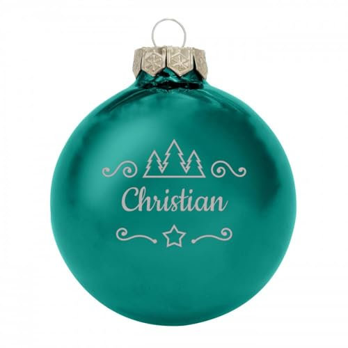 Deitert Weihnachtskugel mit Namen oder Wunschtext graviert, Ø 8cm, personalisierte Christbaumkugel aus Glas (glänzend), individueller Weihnachtsbaumschmuck mit Gravur, Tannen-Motiv, Petrol