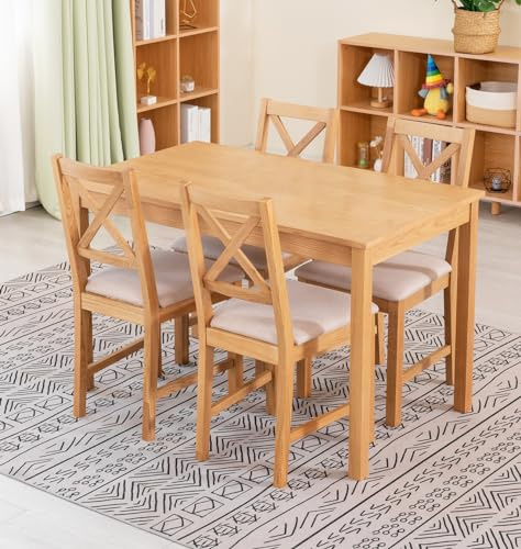 Hallowood Furniture Waverly Oak Dining Table and Chairs Set 4, 120 x 70cm | Rectangular Solid Oak Small Kitchen Table and Chairs with Cross Back and Beige Fabric Padded Seats, 4 Seater Dining Room Set