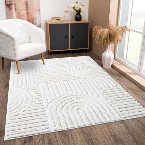 payé Tapis de salon, à poils longs, 160 x 230 cm, uni, crème pastel, bohème, motif géométrique moderne, scandinave, moelleux, doux, pour chambre à coucher