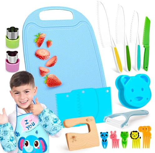 FANTICDE Kids Cooking Set,26 Piece Kids Knife Set,with Wooden Knife,Vegetable Cookie Cutters,Plastic Toddler Knife,Crinkle Cutter,Y Peeler,Chopping Board,Fruit Forks,Kids Aprons Set(Baby Elephant)
