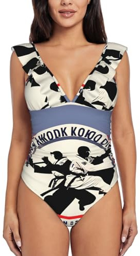Drtgeds Taekwondo Design Print Women's One Piece Swimsuits High Waisted Bathing Ruffled Flounce Suit