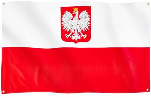Runesol Bandiera dello Stato Polacco, 91x152cm, 3ft x 5ft, 4 Occhielli, Un Occhiello in Ogni Angolo, Stemma Polacco, Polonia, Interno, Esterno, Colori Vividi