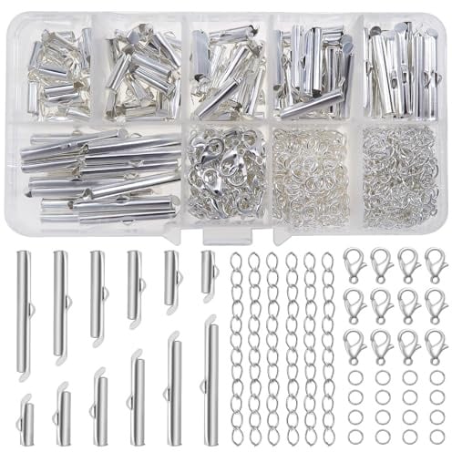 TOAOB 540 Stück 6 Größen Metall Silber Slide On End Verschluss Rohre Slider | Endkappen Verschlussschmuckzubehör Karabinerverschlüssen Springring, für Armband Ohrringe Schmuckherstellung
