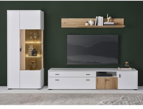 Lomadox Wohnwand Anbauwand modern Vitrinenschrank 200cm Lowboard Wandregal weiß matt Eiche