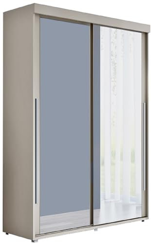 Meble Slupia Kleiderschrank Schiebetüren Slim 2-150 x 202 x 46 cm - Schrank Schlafzimmer, Vorraum, Garderobe - Tür mit Zwei Spiegeln, Kleiderstange - Holzwerkstoff, Silberner Griff, Kaschmir