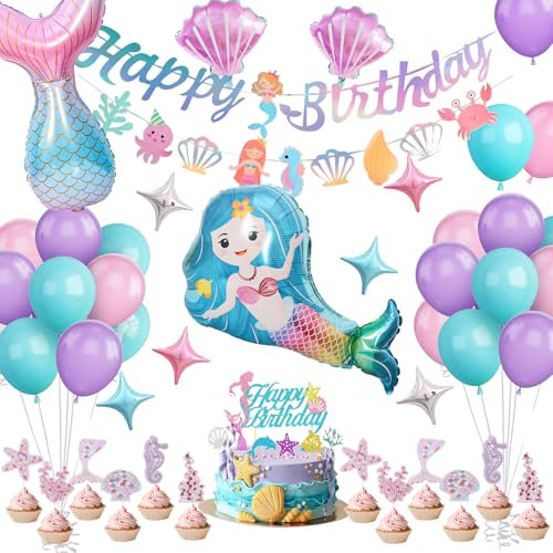 Meerjungfrau Geburtstag Deko, Meerjungfrau Thema Geburtstag Party Zubehör Mit Happy Birthday Banner Set, Kuchen Toppers und Ballons für Meerjungfrau Deko Kindergeburtstag Babyparty
