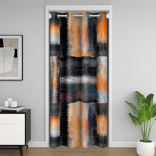 Ombre Orange Schwarz Plaid Tür Vorhang für Tür Privatsphäre 150x203cm,Patchwork Geometrie Verdunkelungs Vorhang für Kinder,Hippie Graffiti Türvorhang,Ölgemälde Raum Teiler Vorhang