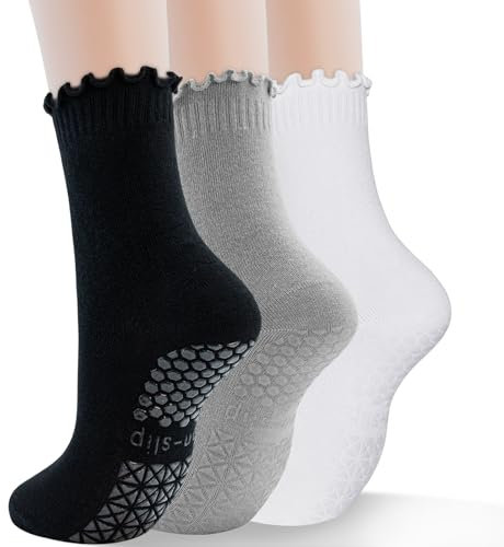 GRPSKCOS Yoga Socken Damen 3 Paar Pilates Socken Antirutschsocken Stoppersocken Damen für Yoga, Barre, Pilates, Krankenhaus,Tanz(#2 Schwarz+Grau+Weiß 35-42)