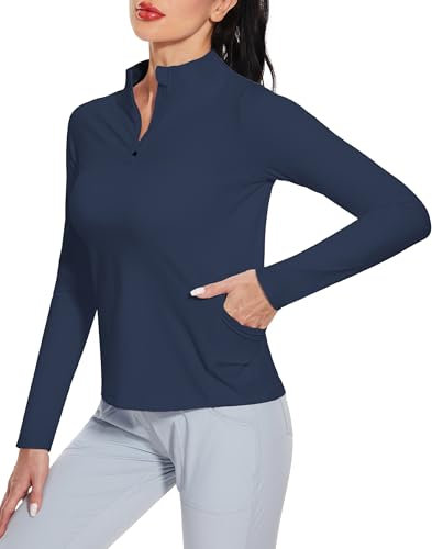 M MOTEEPI Poloshirt Damen Langarm mit Tasche Quarter Zip Poloshirts Golf Shirt für Damen Funktionsshirt Laufshirt Marineblau 3XL