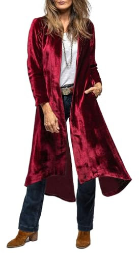 TOSHIKII Women's Long Velvet Cardigan Open Front Velour Duster Fall Trendy Vintage Velvet Long Cardigan Blazers