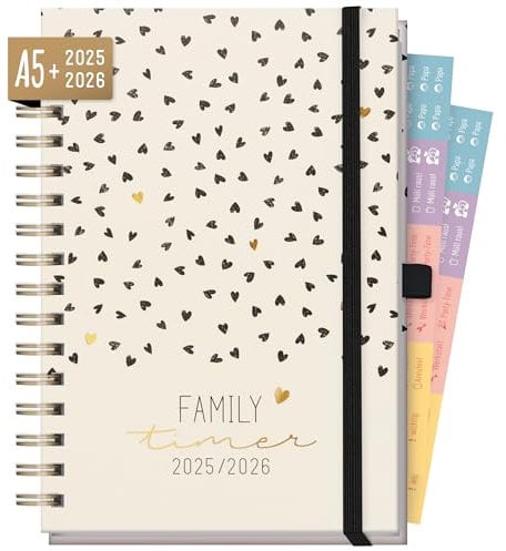 Häfft® Family-Timer Deluxe 2025/2026 A5 Golden Hearts Familienkalender 4 Spalten, Spiral-Buchkalender Familienplaner für 18 Monate: Juli 25 bis Dez 26 - nachhaltig & klimafreundlich