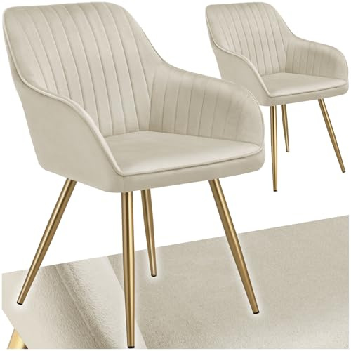 tectake® Set of 2 Dining Chairs with Quilted, Velvet-Look Covers, Softly Padded Armchair Set with Continuous Backrests & Golden Steel Legs, Ideal Kitchen, Living Room & Desk Chairs - Cream/Gold