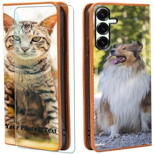 WISTFULNAI Personalisierte Leder Handyhülle + 1 Stück Schutz Glas für Samsung Galaxy S25,Individuelle Text Bildern Flip Klapphüllen,Hülle mit Foto für Samsung Galaxy S25 - Yellow-QC