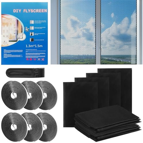 NIXRET 6Pcs Fly Screens for Windows,130 x 150 cm Self-Adhesive Window Mosquito Net with Adhesive Tape, Brochure and Press Tool, Nets to Protect The Family from Insects