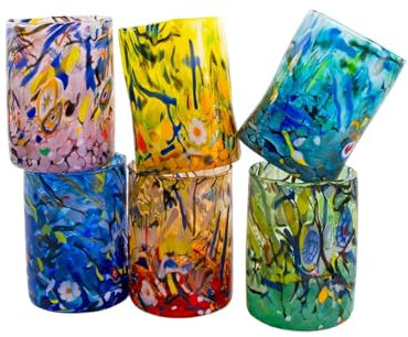MurArt Bicchieri di Murano. B1 DECORO MG. Set 6 Bicchieri da 400 ml.Alt 11CM.In Vetro soffiato, Lavorato a Mano artigianalmente. Made in Italy. (MISTO, BICCHIERI)